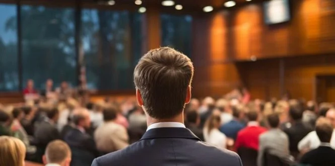 Man in a suit facing a crowd in a conference room, with large windows and wooden walls, engaged in discussion