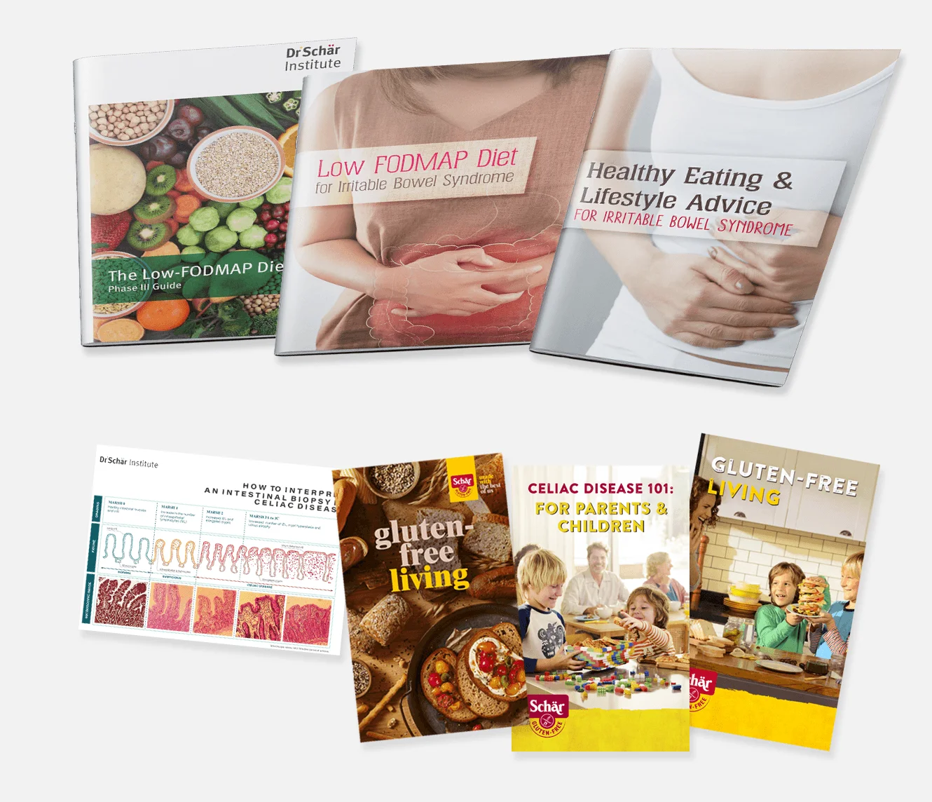 Collection of dietary guides on low FODMAP and gluten-free living, featuring vibrant covers and informative content